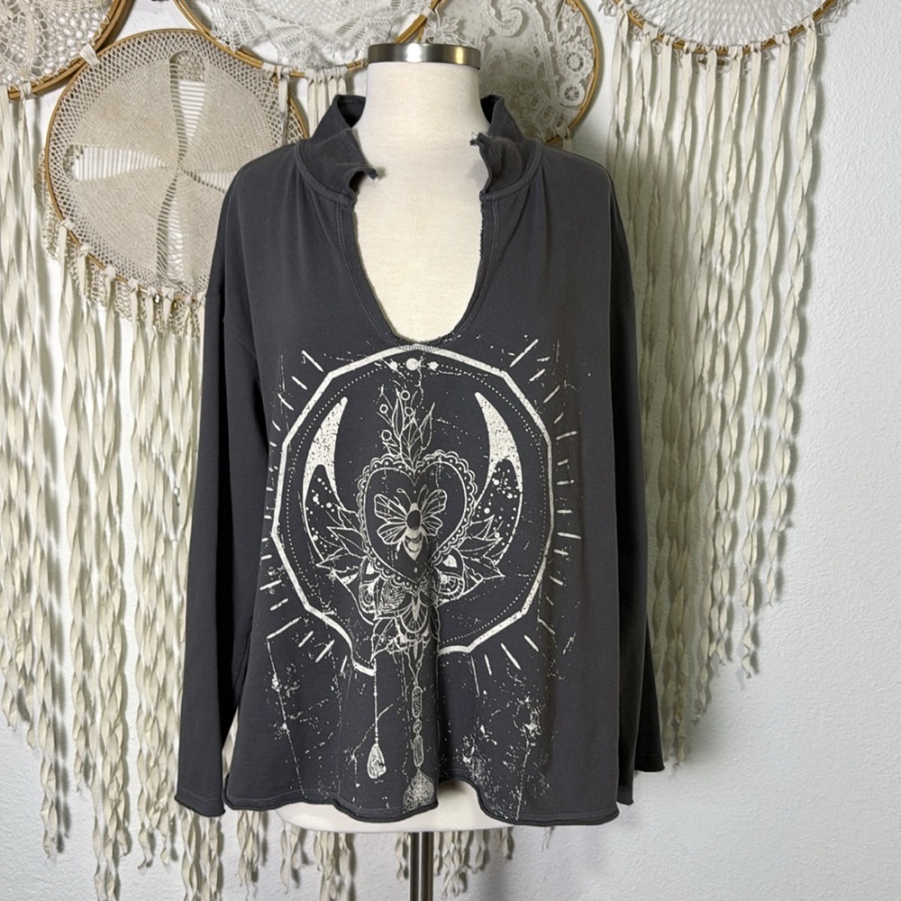 Kyla Seo Comfort Gray Boho Print Pullover Sweatshirt size Large